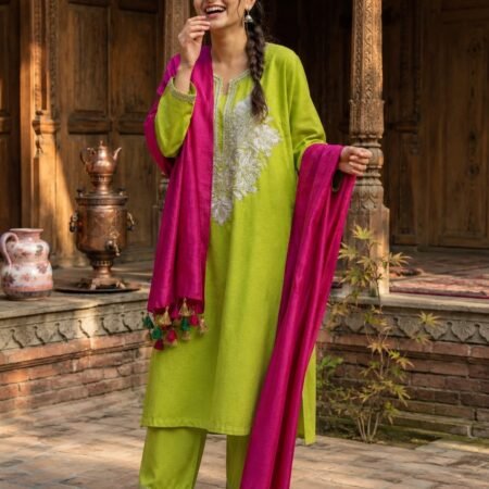Lemon Khadi Cotton Tilla Dozi Pheran Set with Hot Pink Tassel Dupatta