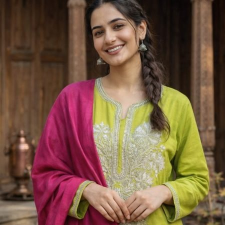 Lemon Khadi Cotton Tilla Dozi Pheran Set with Hot Pink Tassel Dupatta