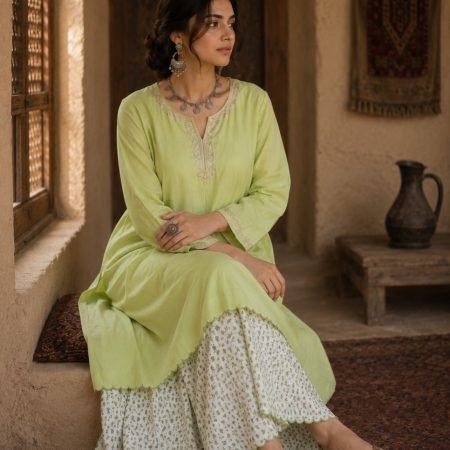 Green Kashmiri Tilla Pheran with Printed Cotton Skirt