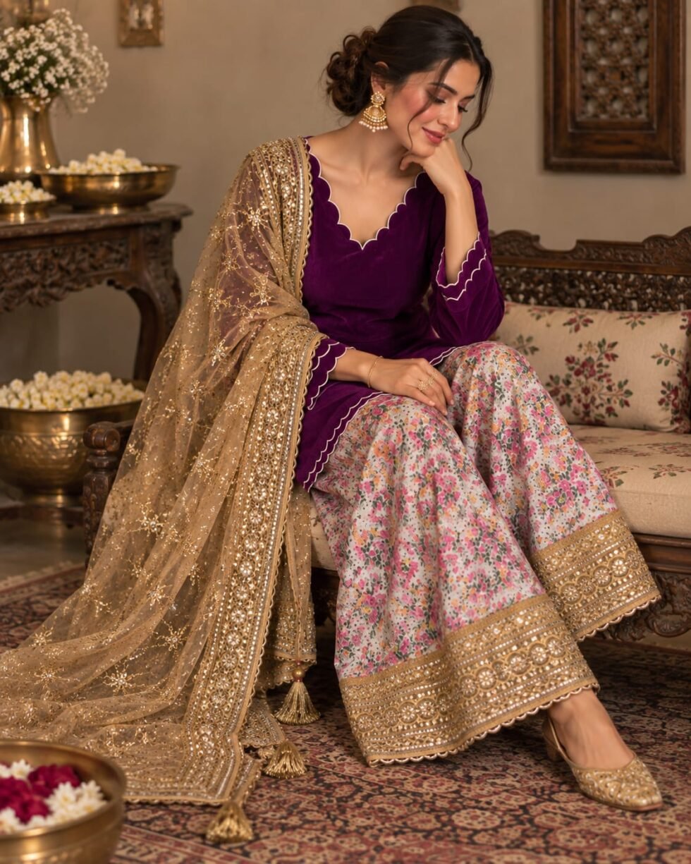 Heavy embellished plum dupatta with intricate festive detailing from The Koshur World Karwa Chauth Edit