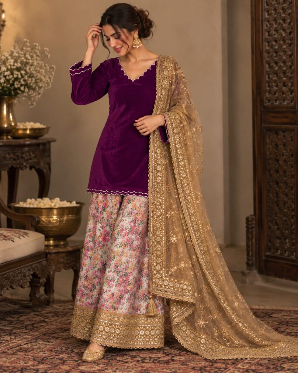 Floral printed narrow palazzo pants with intricate gold embellished border from the Chand Chori Karwa Chauth Edit