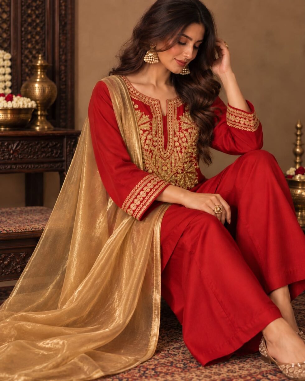 Gold organza dupatta paired with the Sajni red silk Tilla Dozi kurta set for elegant festive wear