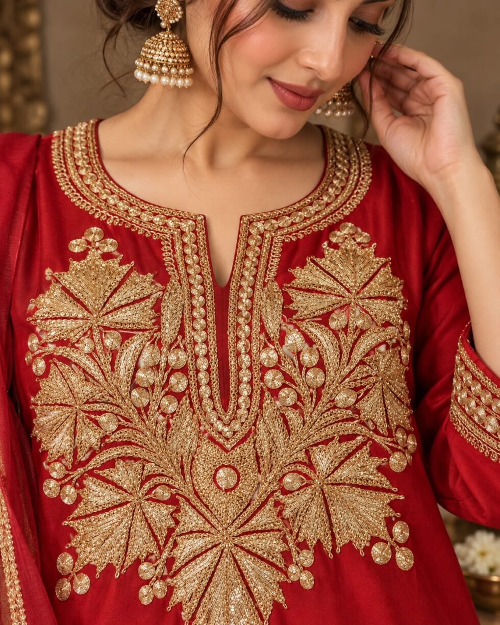 Close-up of Sajni red silk kurta featuring intricate traditional Kashmiri Gold Tilla Dozi embroidery on the neckline