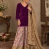 Chand Chori Plum kurta set with delicate thread detailing, floral narrow palazzo and heavy embellished dupatta for Karwa Chauth festive wear