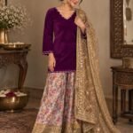 Chand Chori Plum kurta set with delicate thread detailing, floral narrow palazzo and heavy embellished dupatta for Karwa Chauth festive wear