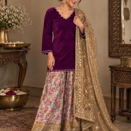 Chand Chori Plum kurta set with delicate thread detailing, floral narrow palazzo and heavy embellished dupatta for Karwa Chauth festive wear