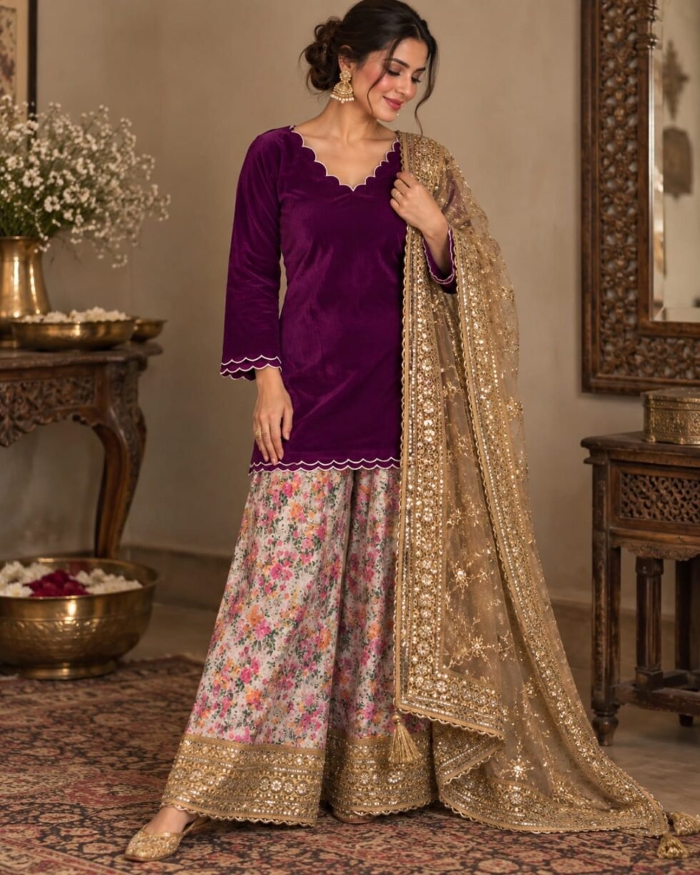 Chand Chori Plum kurta set with delicate thread detailing, floral narrow palazzo and heavy embellished dupatta for Karwa Chauth festive wear
