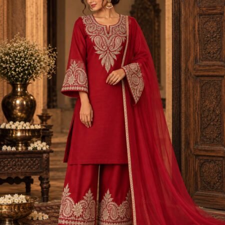 Red cotton kurta set with Washed Gold Tilla Dozi embroidery on the neckline, sleeves and palazzo, paired with a red net dupatta with piping. Traditional Kashmiri-inspired festive ethnic wear.