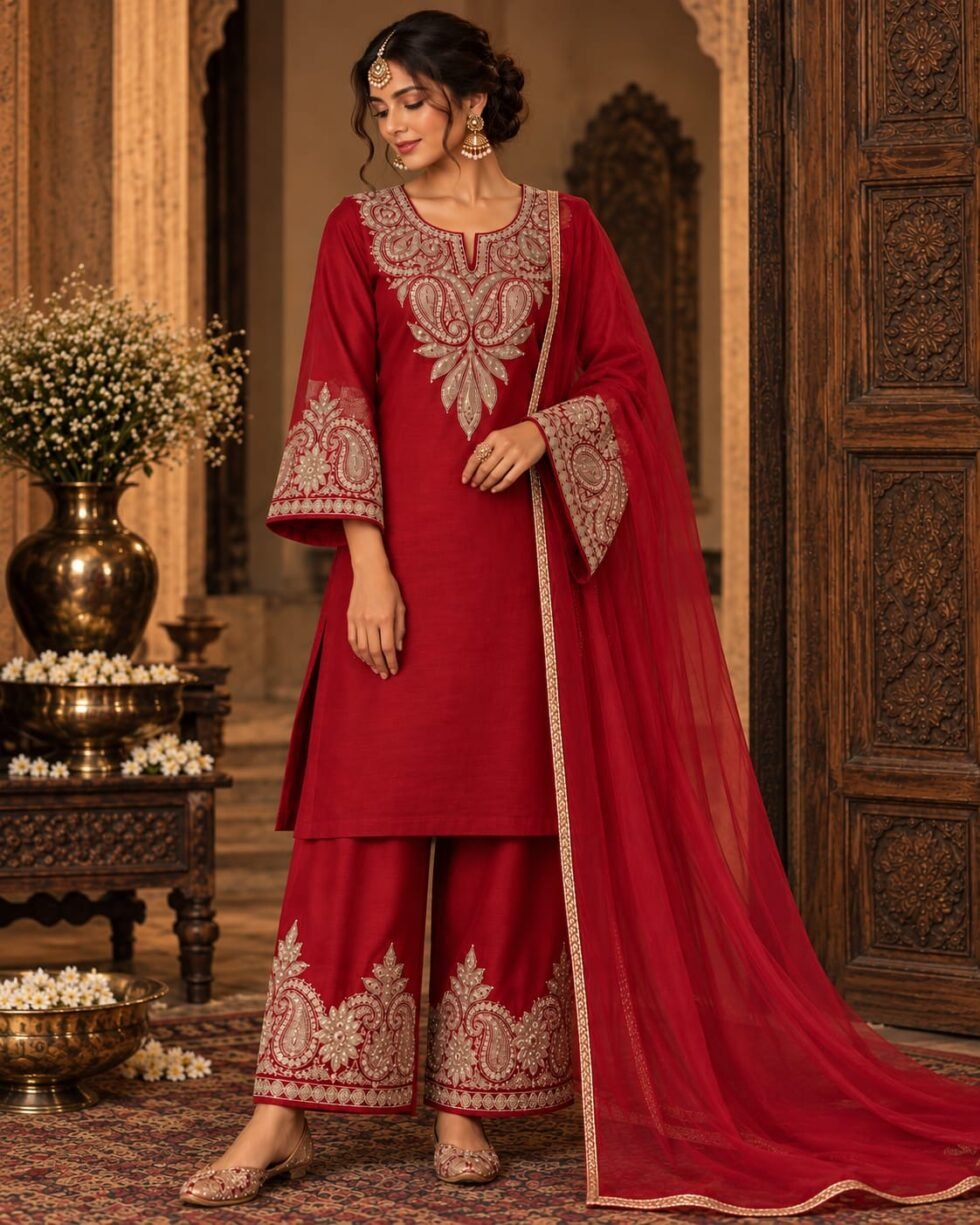 Red cotton kurta set with Washed Gold Tilla Dozi embroidery on the neckline, sleeves and palazzo, paired with a red net dupatta with piping. Traditional Kashmiri-inspired festive ethnic wear.