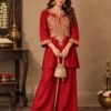 Sajni red silk Kashmiri Tilla Dozi kurta set with narrow palazzo and gold organza dupatta for Karwa Chauth