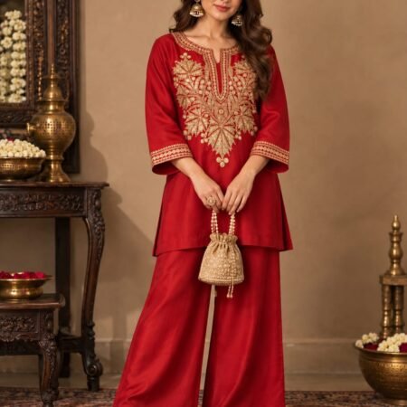Sajni red silk Kashmiri Tilla Dozi kurta set with narrow palazzo and gold organza dupatta for Karwa Chauth