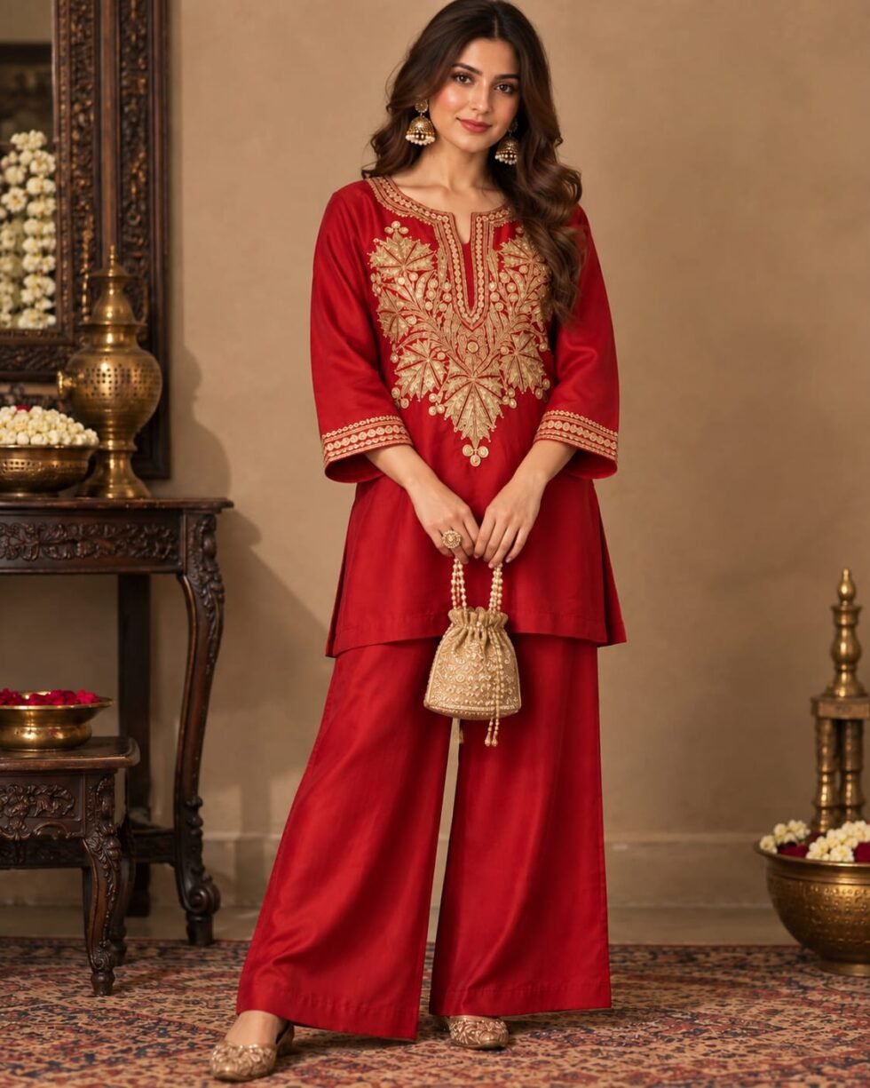 Sajni red silk Kashmiri Tilla Dozi kurta set with narrow palazzo and gold organza dupatta for Karwa Chauth