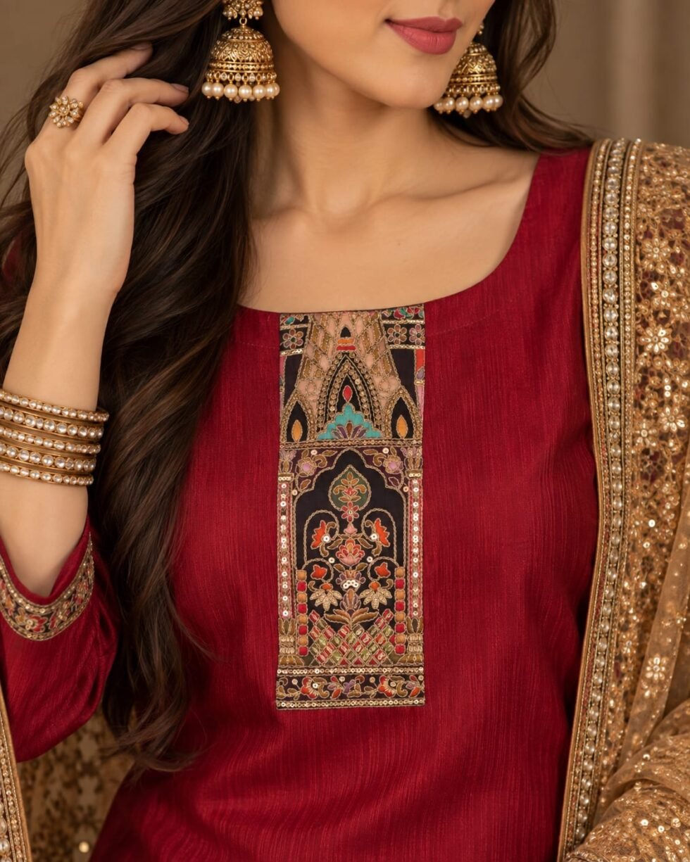 Close-up of the Noorani maroon silk kurta featuring an intricate multicolour Kashmiri-inspired embroidered panel with antique-gold detailing.