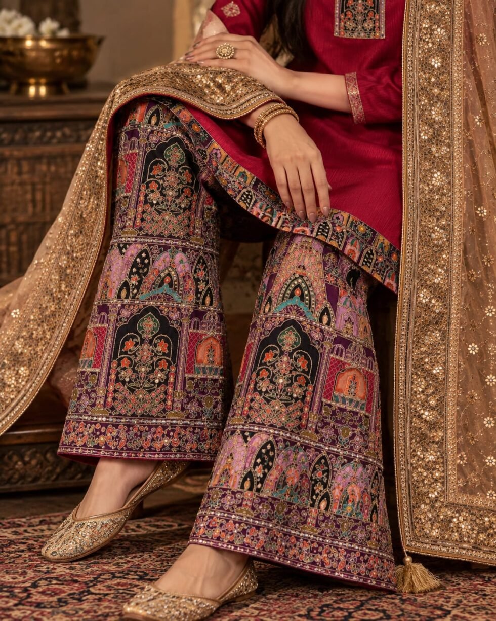 Maroon silk kurta paired with a richly printed Jacquard Brocade palazzo featuring intricate multicolour Kashmiri-inspired motifs and ornate borders.