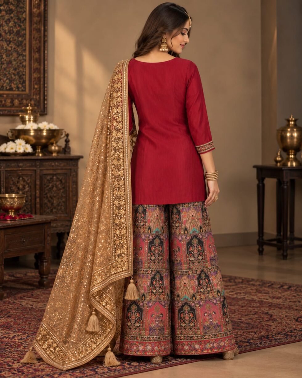 Back view of a maroon silk comfort-fit kurta paired with a printed Jacquard Brocade palazzo and an embellished gold dupatta with tassel trims.