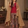 Maroon silk kurta with Kashmiri-inspired embroidery, printed Jacquard Brocade sharara and embellished tassel-trim dupatta.