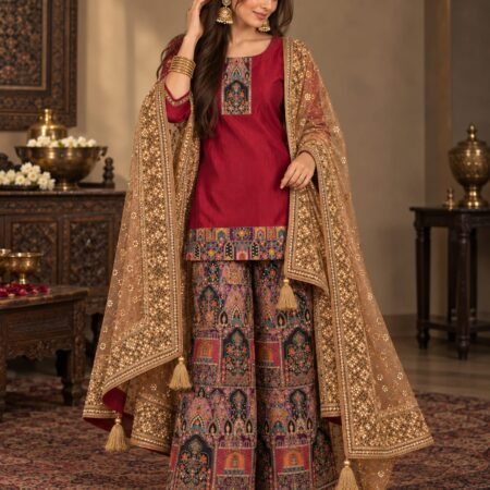 Maroon silk kurta with Kashmiri-inspired embroidery, printed Jacquard Brocade sharara and embellished tassel-trim dupatta.