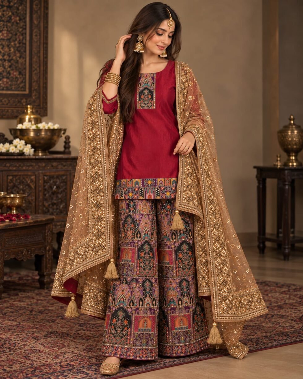 Maroon silk kurta with Kashmiri-inspired embroidery, printed Jacquard Brocade sharara and embellished tassel-trim dupatta.